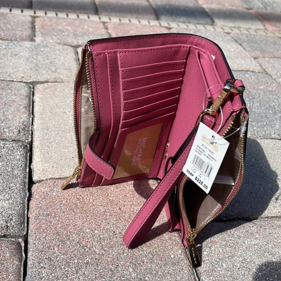 Michael Kors Jet Set Travel Large Double Zip Wristlet Wallet Rosewood Leather - Picture 14 of 16